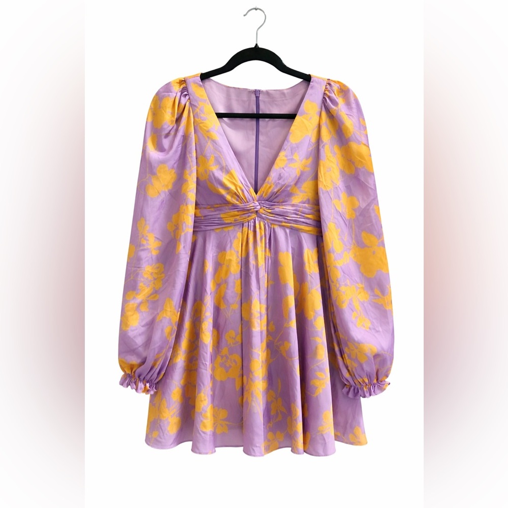 NWT Mac Duggal Orchid Floral Printed Charmeuse Long Sleeve Mini Dress Size 2